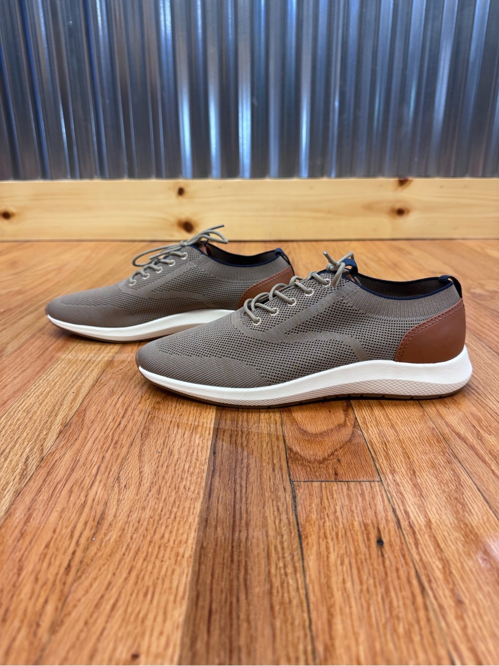 Vince Camuto Edelgard Lightweight Taupe Knit Sneakers with Brown Heel Accent